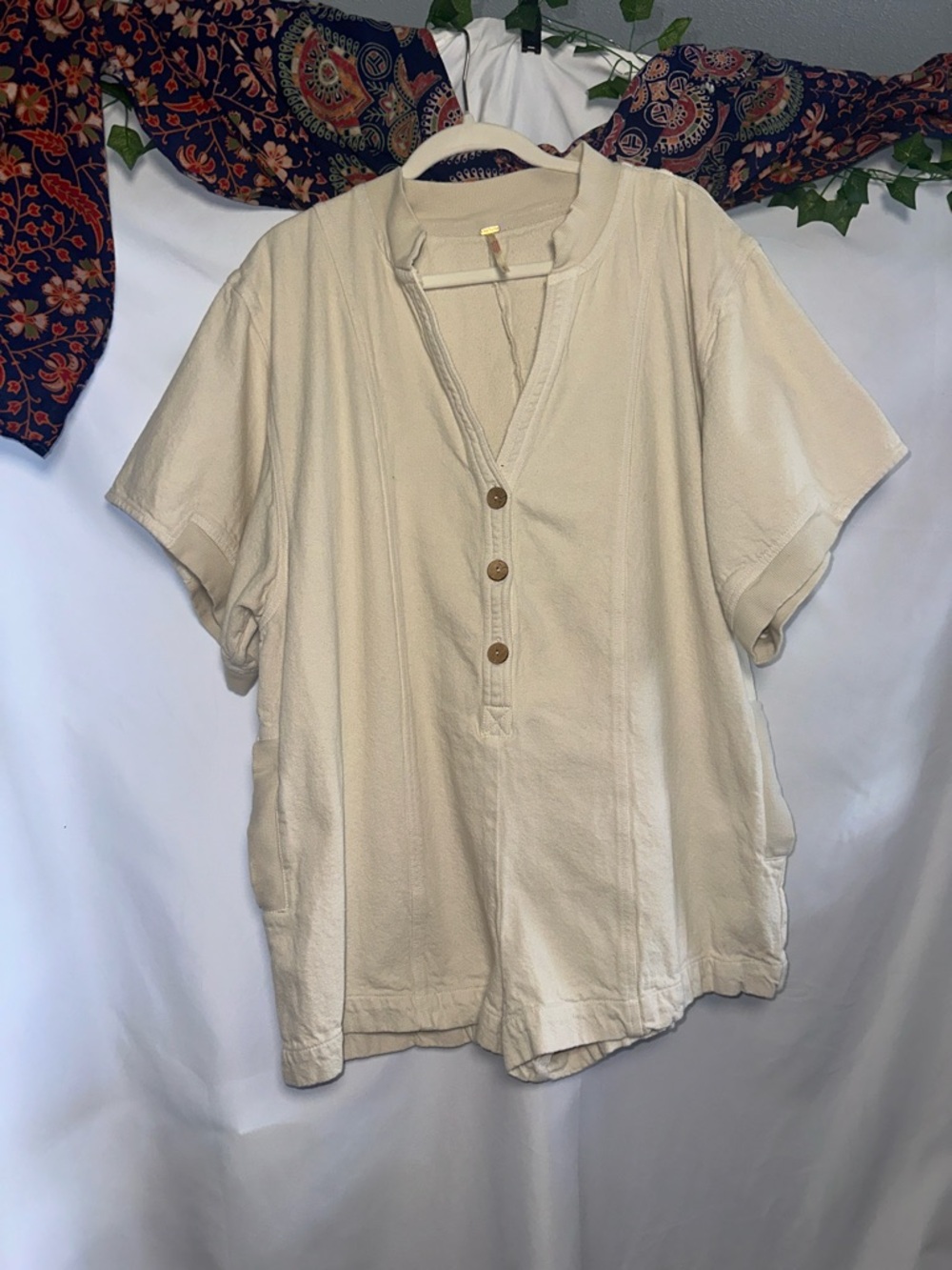 Free People Cream Short-Sleeve Button Romper